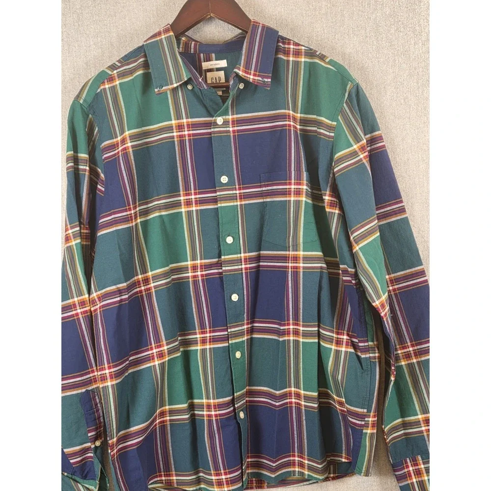 GAP Untucked Shirt Mens L Long Sleeve Blue Green Plaid Oxford Preppy Work Casual